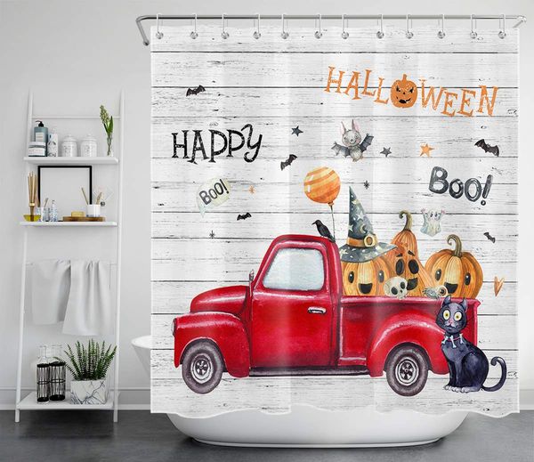 

happy halloween shower curtain cute pumpkin with witch hat red truck black cat ghost shower curtains hooks watercolor funny