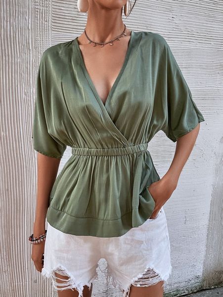 

surplice neck peplum blouse y969#, White