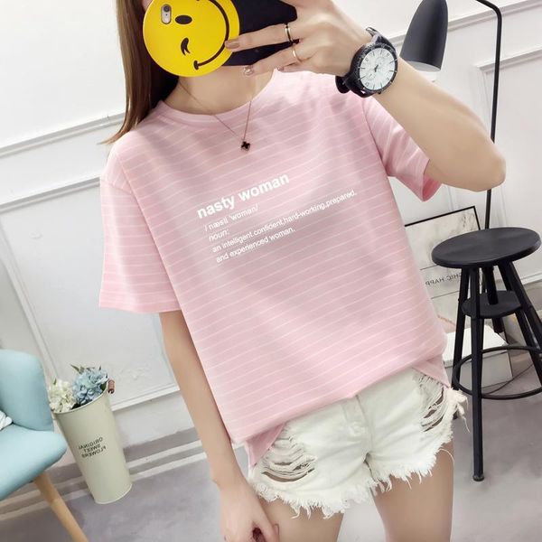 

women's t-shirt summer korean style letter printing tee shirt round neck pullover girl harajuku sweet striped mujer, White
