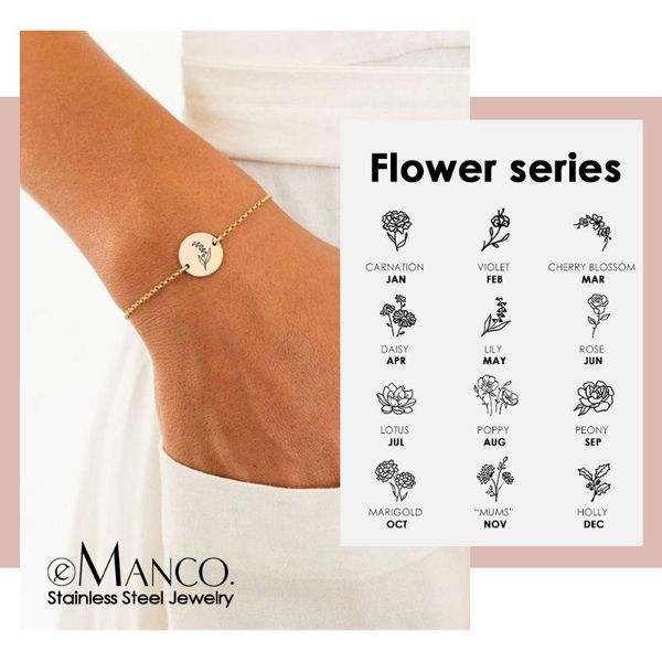 

charm bracelets 9mm/13mm customized month plum bossom rose flower braclets plants coin bracelet 316l stainless steel chain women jewe, Golden;silver