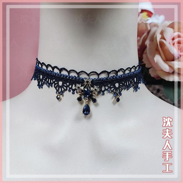 

pendant necklaces lolita necklace dark blue lace gem drop choker collar simple daily, Silver