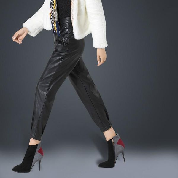 

women's pants & capris leather female 2021 autumn and winter high waist loose wide leg plus velvet nine points pu harem, Black;white