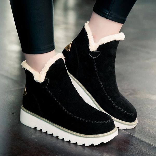 

boots autumn winter women snow round toe ankle warm plush slip-on shoes flats black beige brown plus size 34-43