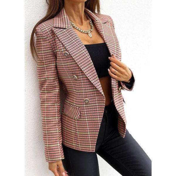 

women's suits & blazers plaid blazer slim double breasted women jackets long sleeve elegant office lady casual coats autumn fashion, White;black