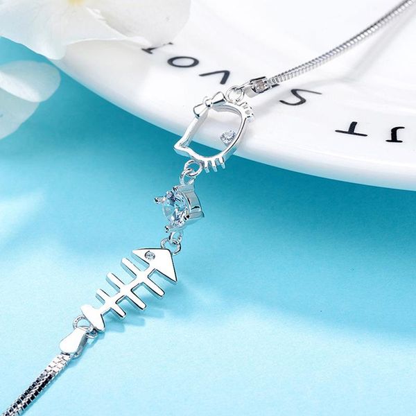 

metal cute cat kitty bracelet female korean version of crystal zircon small fish bone kt jewelry link, chain, Black