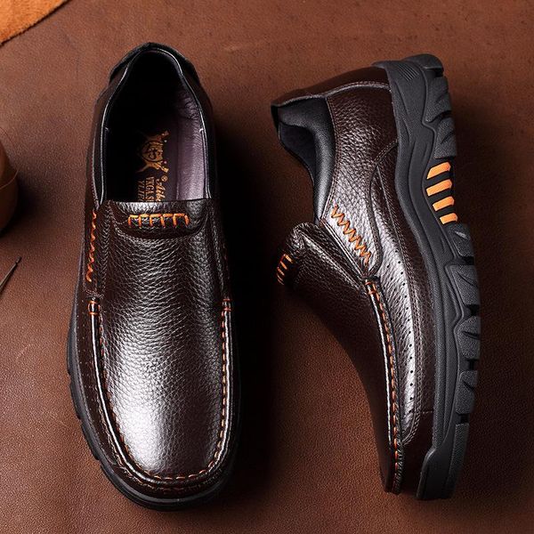 

ly men's genuine leather shoes size 38-46 head soft anti-slip driving man spring business dress, Black