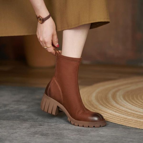 

boots 2021 winter ankle boot round toe chunky heel women solid platform shoes retro genuine leather fall, Black