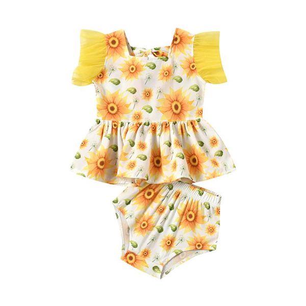 

casual baby tracksuits sunflower print square collar shorts 2pcs outfits suit for summer toddlers girls clothes clothing sets, White
