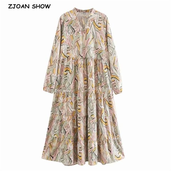 

lacing up v neck contrast color print long sleeve dress holiday women spliced pleated ruched loose dresses 210429, Black;gray