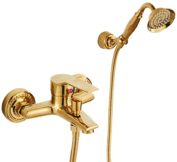 Banheiro Luxo Luxo Gold Wall Mount Hand Held Chuar Chuveiro Faucet Sistema Misturador Definidos Conjuntos