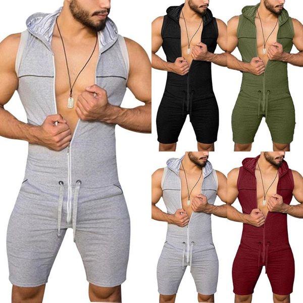 

men's tracksuits men solid color jumpsuit one piece tight bodysuit sleeveless hooded playsuit overall rompers, Gray
