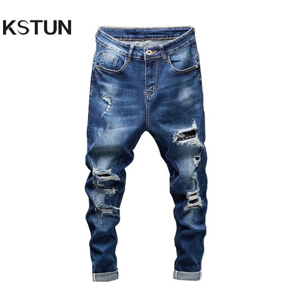 

men's jeans ripped men slim fit dark blue destroyed streetwear broken holes patchwork biker pants denim harem beggar