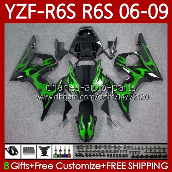 Fairings de Moto para Yamaha YZF-R6S YZF R6 600 CC YZF600 2006-2009 Corpo 96No.187 YZFR6S 2006 2007 2009 2009 Green Flames YZF-600 600CC YZF R6S 06 07 08 09 Kit de carroçaria OEM