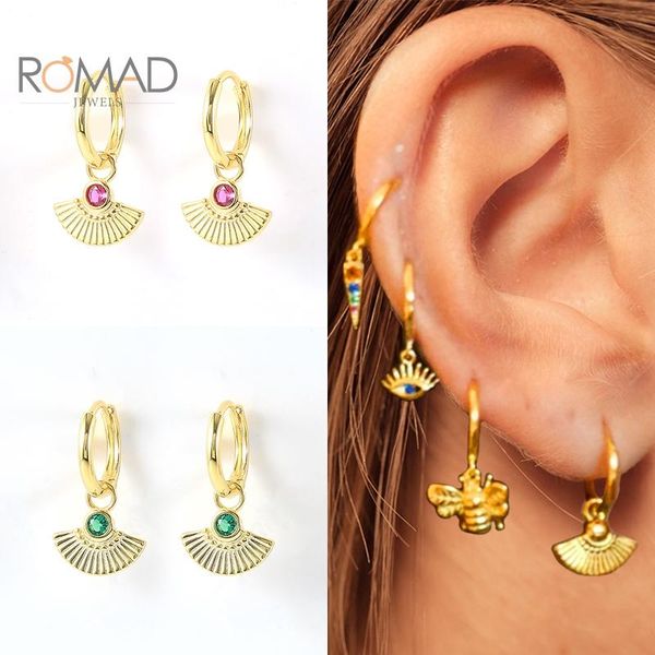 

hoop & huggie romad women green rose red zircon huggieÂ earrings 925 sterling silver sector pendant hoops earring fine jewelry kolczyki damsk, Golden;silver