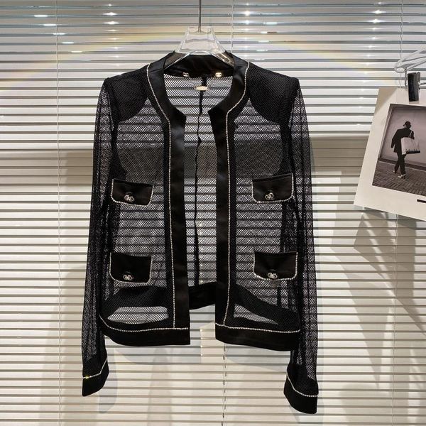 

women's jackets 2021 summer rhinestone edge hollow mesh shoulder pad jacket sun protection short coat for women, Black;brown