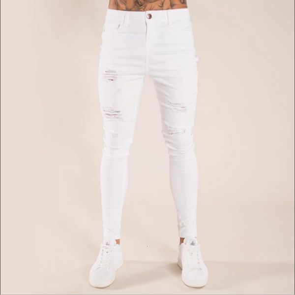 

high street fashion brand ripped jeans men's skinny jeans ripped black white, Blue
