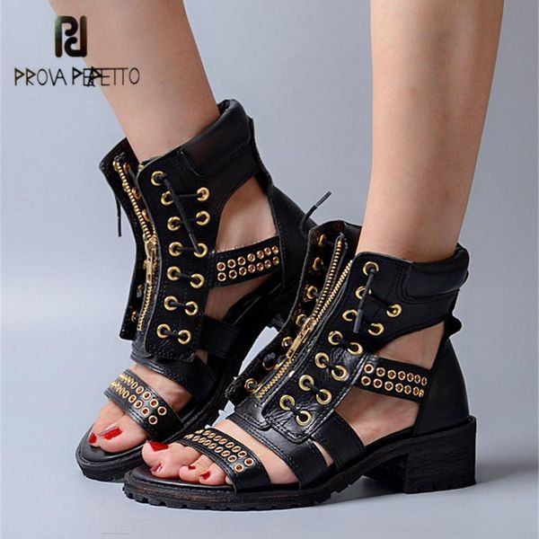 

prova perfetto punk style women gladiator sandals square med heel genuine leather platform sandalias mujer front zip rivets shoe, Black