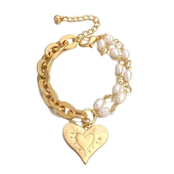 

link, chain amorcome trendy carved heart pendant bracelets gold color thick link simulated pearl for women bijoux femme, Black