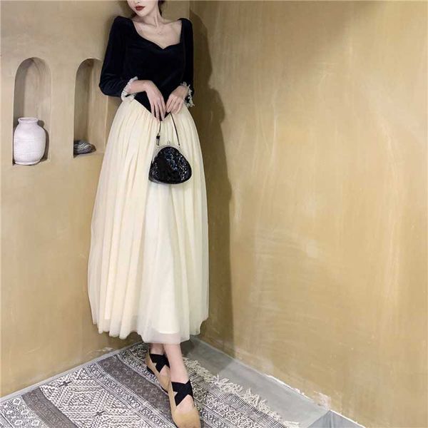 

lace party dress solid ruffles knitting patchwork women's spaghetti strap mesh square collar long 210601, Black;gray