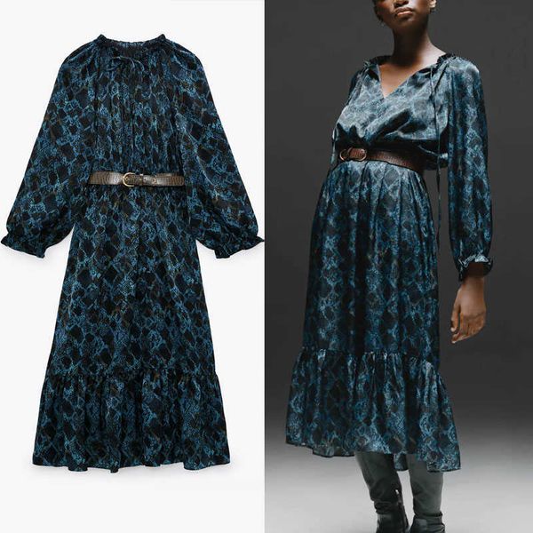 

za snake print belt dress women tied ruffle collar long sleeve vintage party dresses female chic flounced hem midi vestidos 210602, Black;gray
