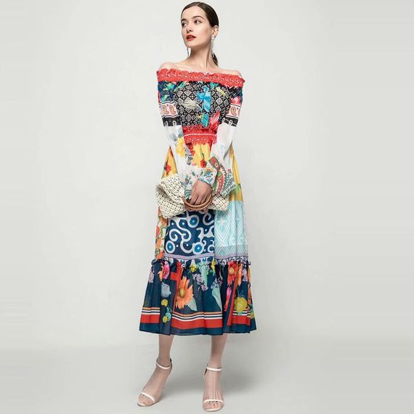 

plus size xl 2021 spring slash neck long dress high waist fashion ruffles vintage printed a line women dresses casual, Black;gray