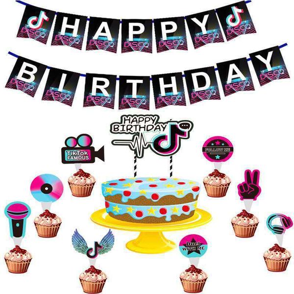 

tiktok tiktok theme party set flag cake flag, latex balloon supplies