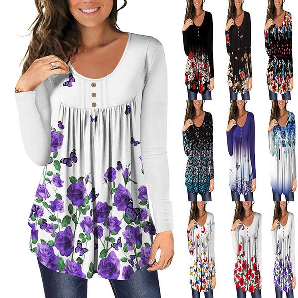 

2021 cross-border european and american independent station autumn and winter new womens printing pleating casual long sleeve t-shirt w, White