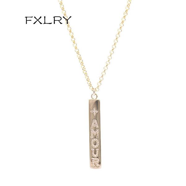 

chains fxlry gold letter rectangular necklace fashion design cubic zircon pendant lovers for women jewellery, Silver