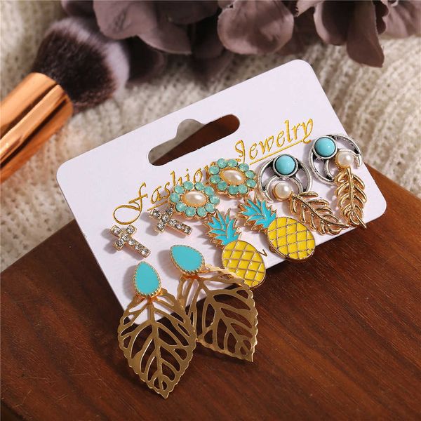 

f933a2 hanzhishanger ornament leaf flower bohemian earring set 6 pairs, Golden