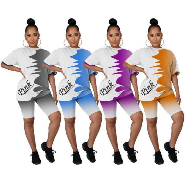 

women's tracksuits zaggin 2021 autumn women gradient flame effect printed 2-piece suit lady o-neck short sleeve knee-length pants, Gray