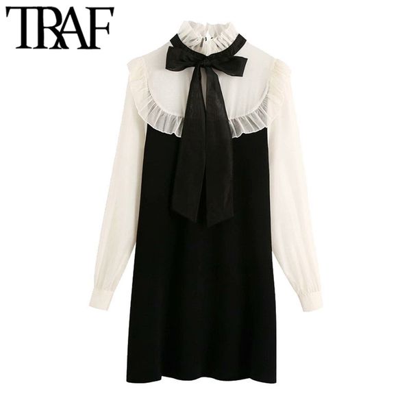 

women fashion with tied organza patchwork knitted mini dress vintage high collar long sleeve female dresses mujer 210507, Black;gray