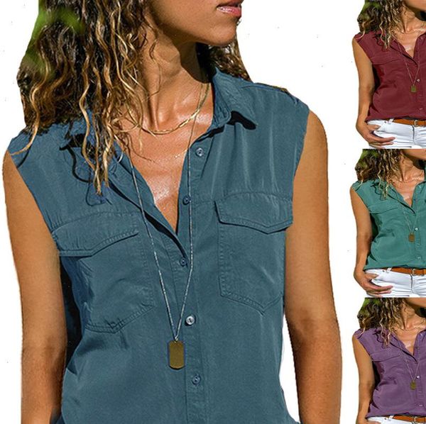 

plus size europe summer lapel women shirts sleeveless clothing yff6268, White