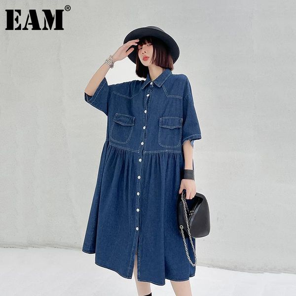 

casual dresses [eam] women blue big size pockets pleated denim dress lapel half sleeve loose fit fashion tide spring summer 2021 1dd8887, Black;gray