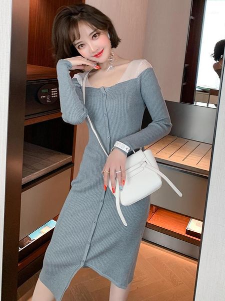 

fashion feminine contrast stitching v-neck slim slimming split knit dress women's 2021 early autumn 1, Gray