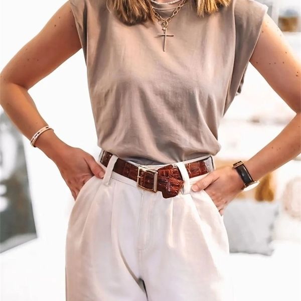 

women za fashion solid 95% cotton shoulder pad t-shirt vintage o-neck sleeveless casual girls streetwear 210729, White
