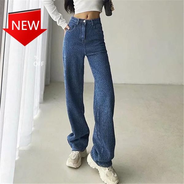 

women's jeans knitted wide-leg spring and autumn high waist slimming loose casual straight pants mop trousers, Blue