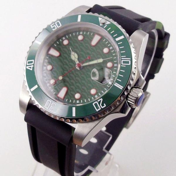 

wristwatches surfing selfwinding 40mm mechanical men watch miyota 8215 green dial red second hand screw crown, Slivery;brown