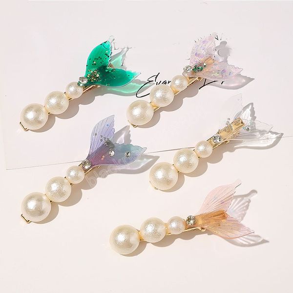 

women crystal hair barrettes pearl hair clip mermaid fishtail rhinestone geometric hairpin sequin side clip hair accessories, Golden;silver