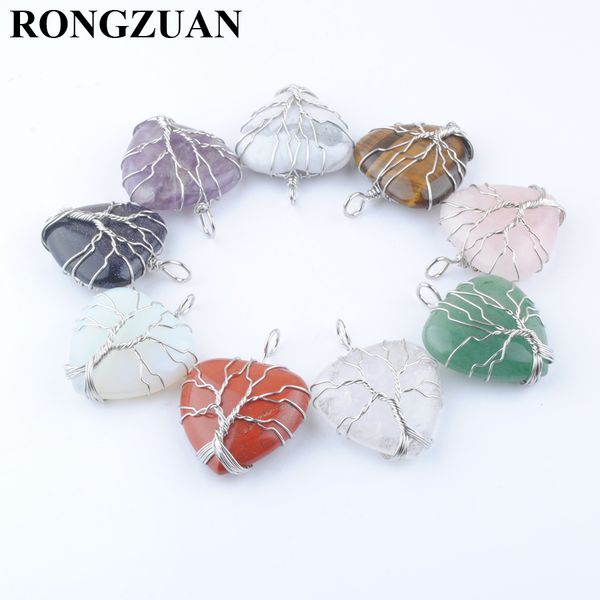 

wholesale good quality natural gemstone pendants wire wrap handmade tree of life heart shape beads amethyst opal crystal rose quartz tigers, Silver