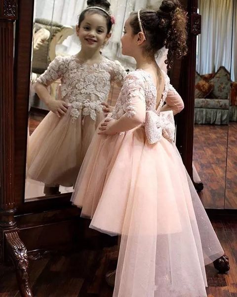 

new lovely flower girls dresses for weddings princess jewel long sleeves lace appliques big bow sweep train little kids holy pageant dress, White;blue