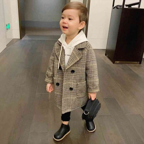 

kids jacket boys wool coat lattice outerwear autumn winter windbreaker fashion children clothes girls trench, Blue;gray