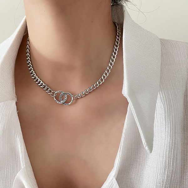 

pendant necklaces hip hop double circle short clavicle chain necklace metal thick women girl choker party daily jewelry, Silver