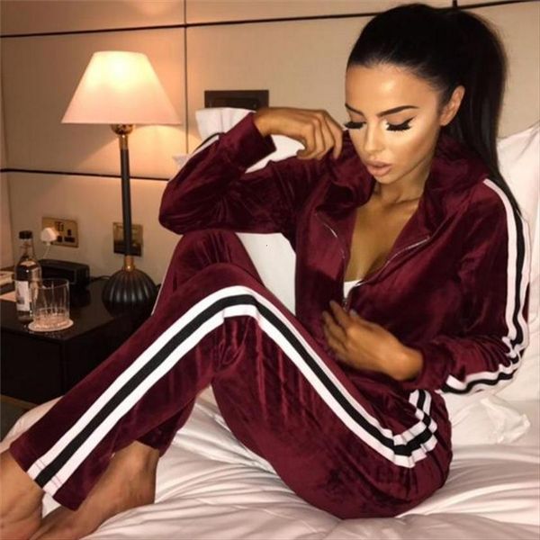 

velvet tracksuit two piece set womens pants autumn clothes striped hoodies coat and velour sportswear jogging suit outfits, White