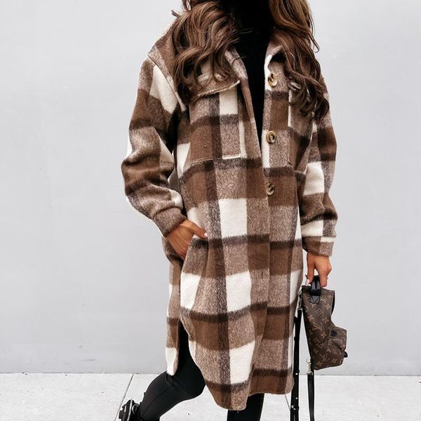 

women's wool & blends 2021 plaid printed woolen coat casual single-breasted lapel autumn and winter clothing long-sleeved loose, Black