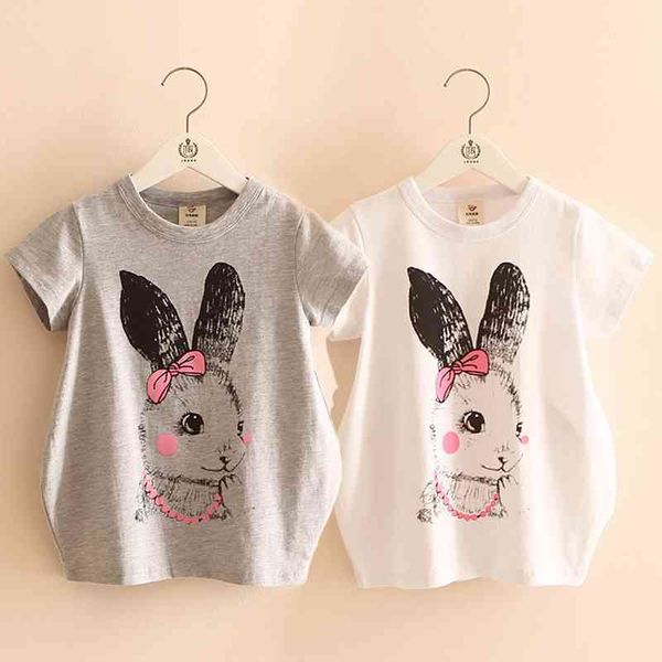 Sommer Weibliche Kinder Baumwolle Weiß Grau Baby Kind Lange Design Kaninchen Druck Kurzarm Kinder Mädchen Lose T-Shirt 210529