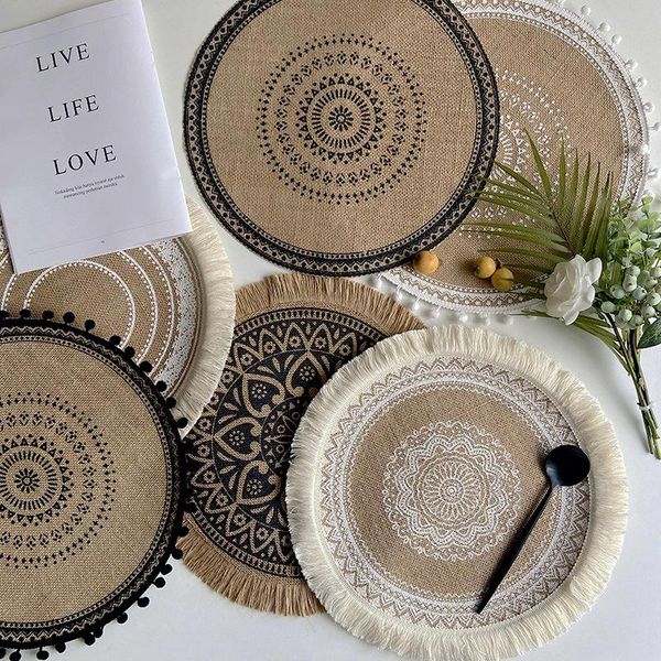 

mats & pads round woven table placemat retro jute heat insulation restaurant home decoration dessert pan dining mat coffee cup