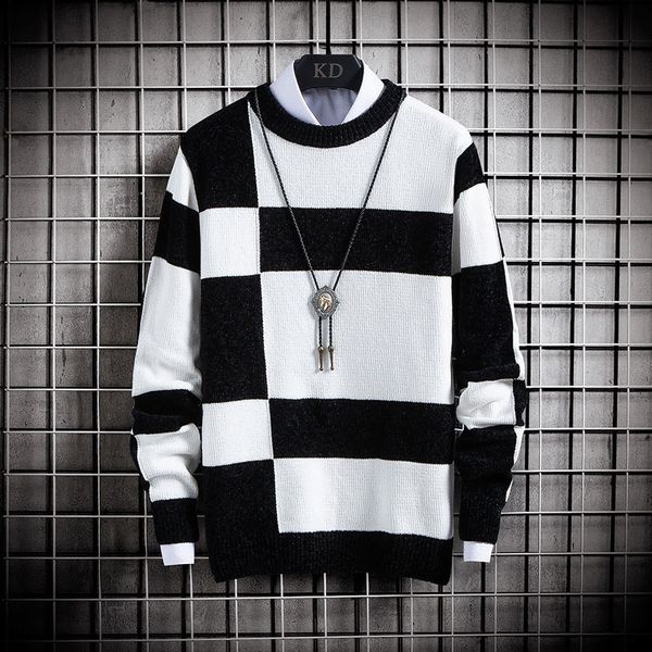 

coo 2021 mens new style for autumn and winter chenille plaid color matching sweater youth pullover round neck sweater, White;black