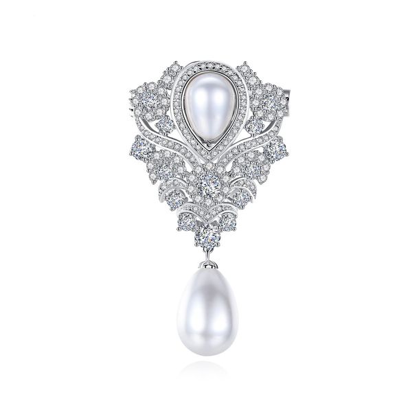 COCOM Vintage-Perlenbrosche für Damen, AAA-Kubikzirkon, weiße Wassertropfenperlen, luxuriöse Braut-, Hochzeits-, Party-Anstecknadel, Schmuckgeschenke