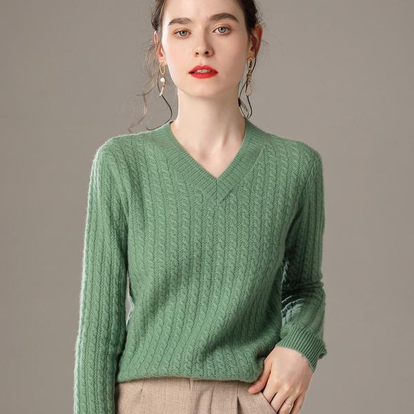 

women's sweaters lhzsyy2021 100%pure wool sweater fall/winter v-neck fashion cashmere knitted pullover twisted short loose base shirt, White;black