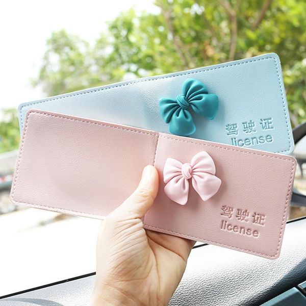 

card holders women men sweet bowknot passport protect cover solid color ultra-thin for car driving pu driver's license protective, Brown;gray